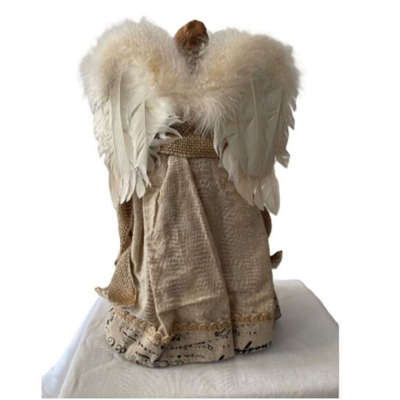 Vintage Angel Tree Topper Figurine Porcelain Head Hands Feather Wings Beige 14" - Picture 3 of 9